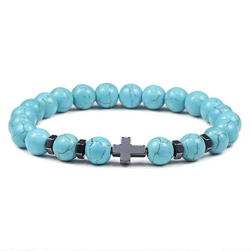 Natural Stone Beaded Cross Charm Bracelet