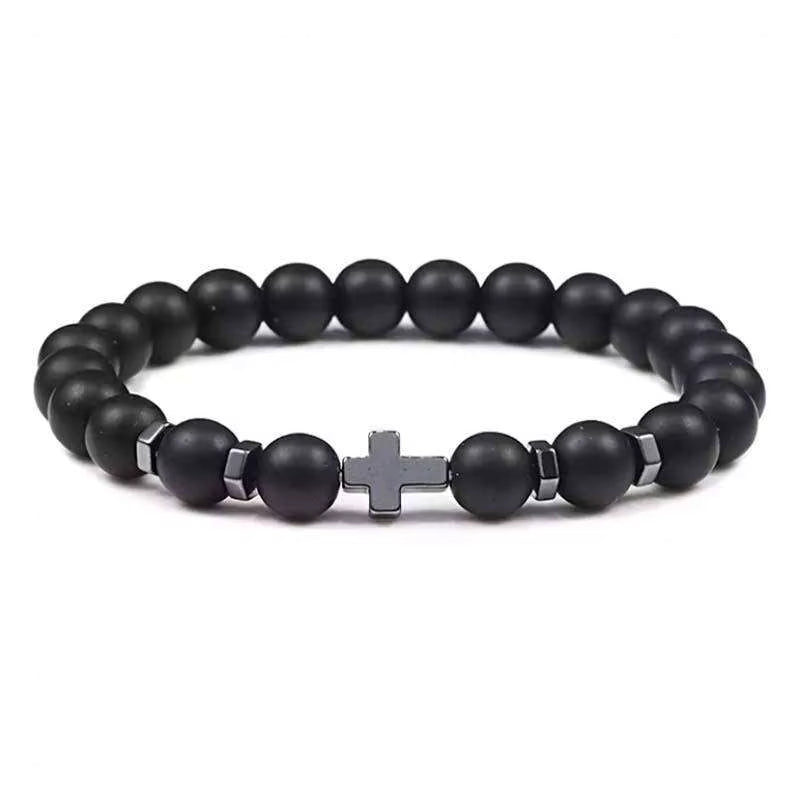 Natural Stone Beaded Cross Charm Bracelet