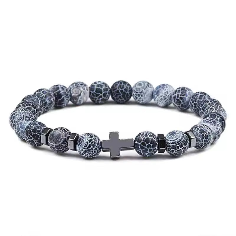 Beaded Cross Bracelet - Black Weathered Agate