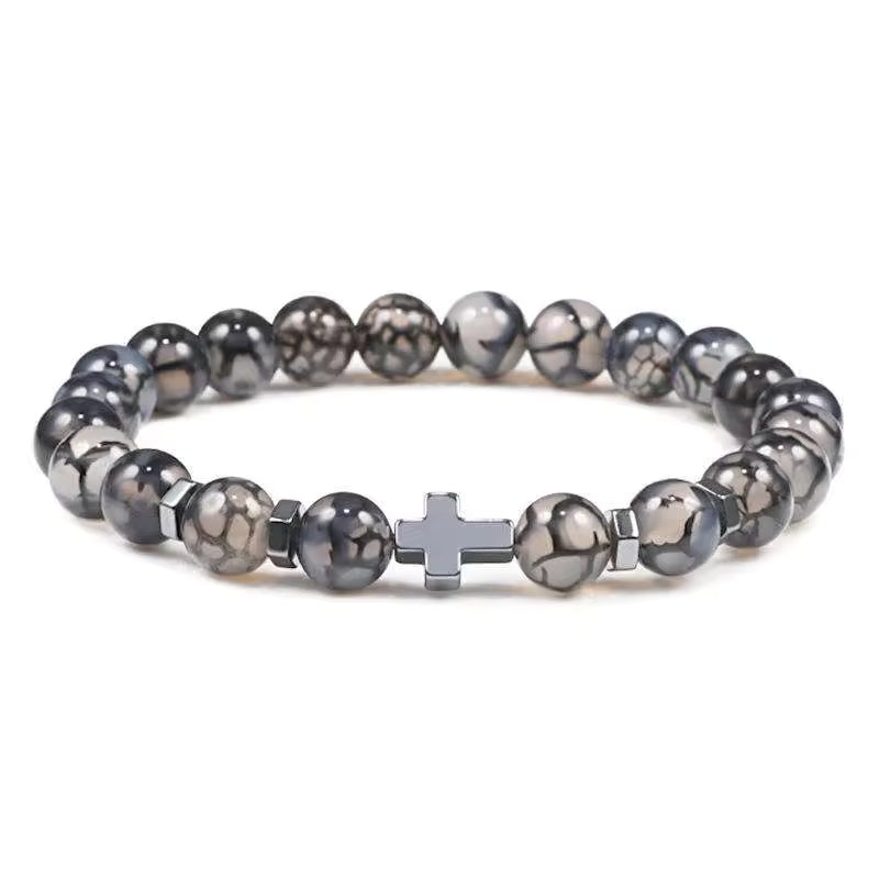 Natural Stone Beaded Cross Charm Bracelet