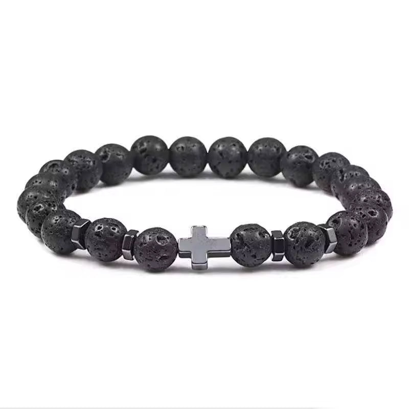 Beaded Cross Bracelet - Volcanic Stone