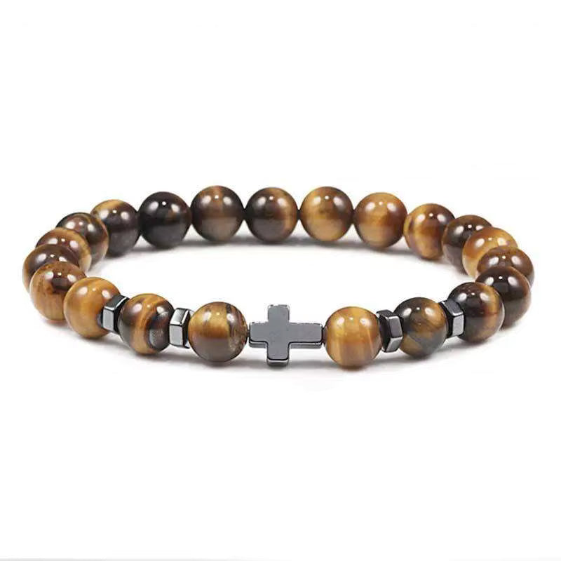 Natural Stone Beaded Cross Charm Bracelet