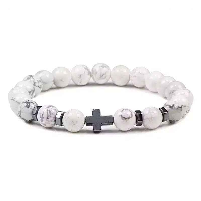 Natural Stone Beaded Cross Charm Bracelet